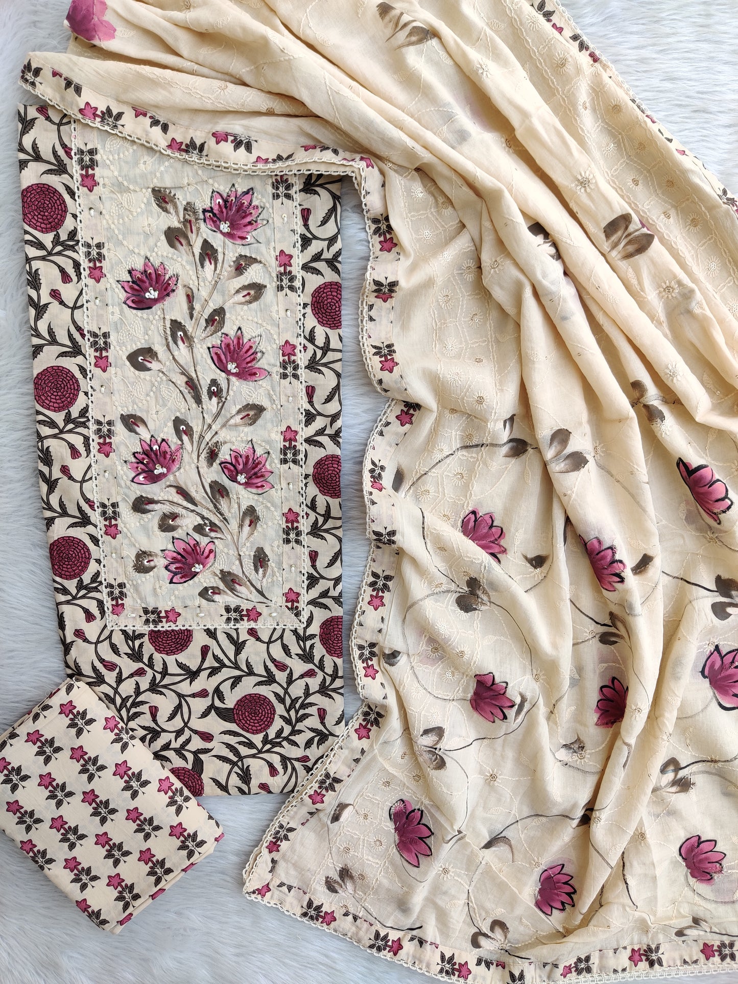 Exclusive Unstitched Cotton Neck Work Suits with Mulmul Embroidery Dupatta