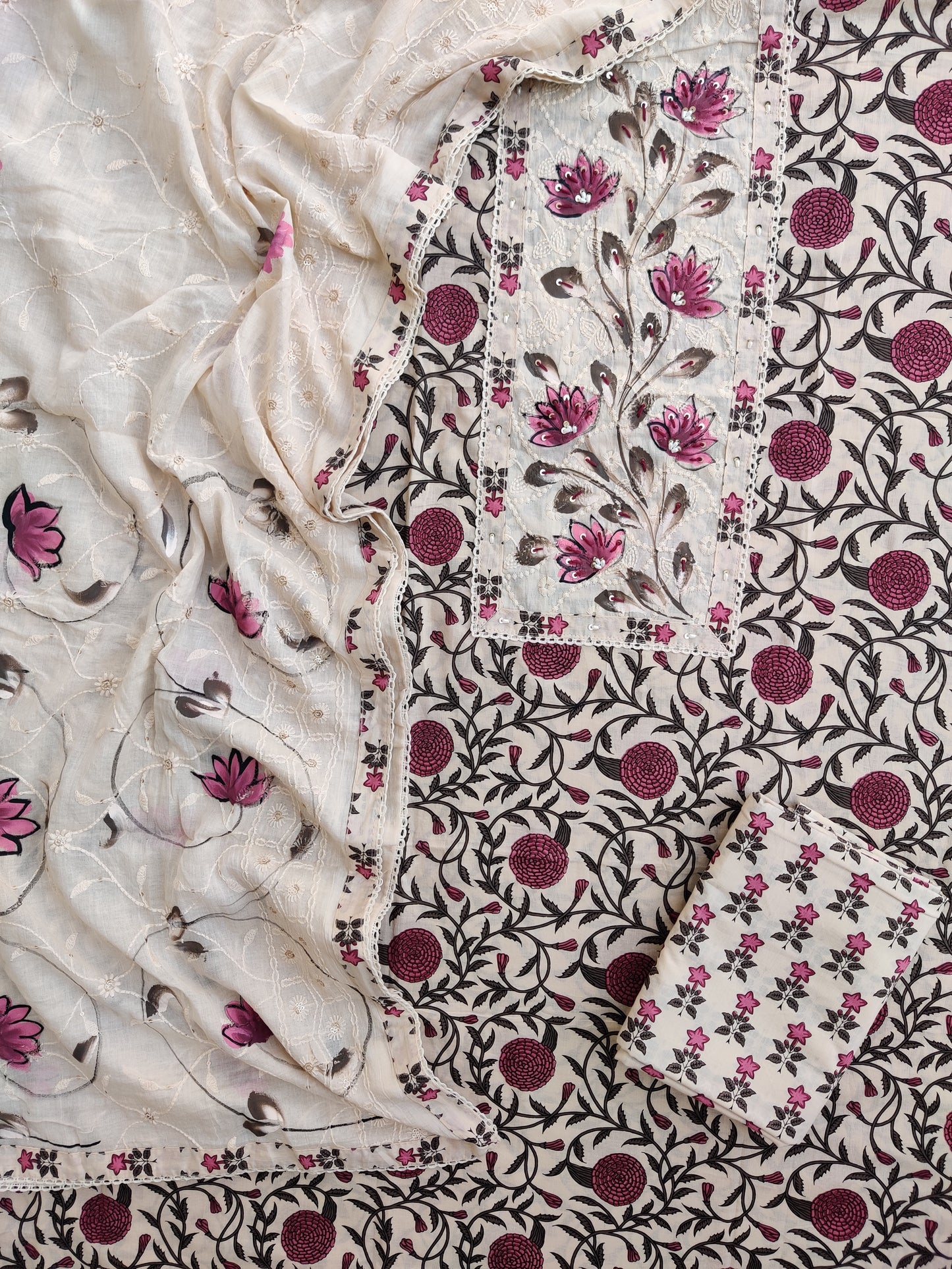 Exclusive Unstitched Cotton Neck Work Suits with Mulmul Embroidery Dupatta