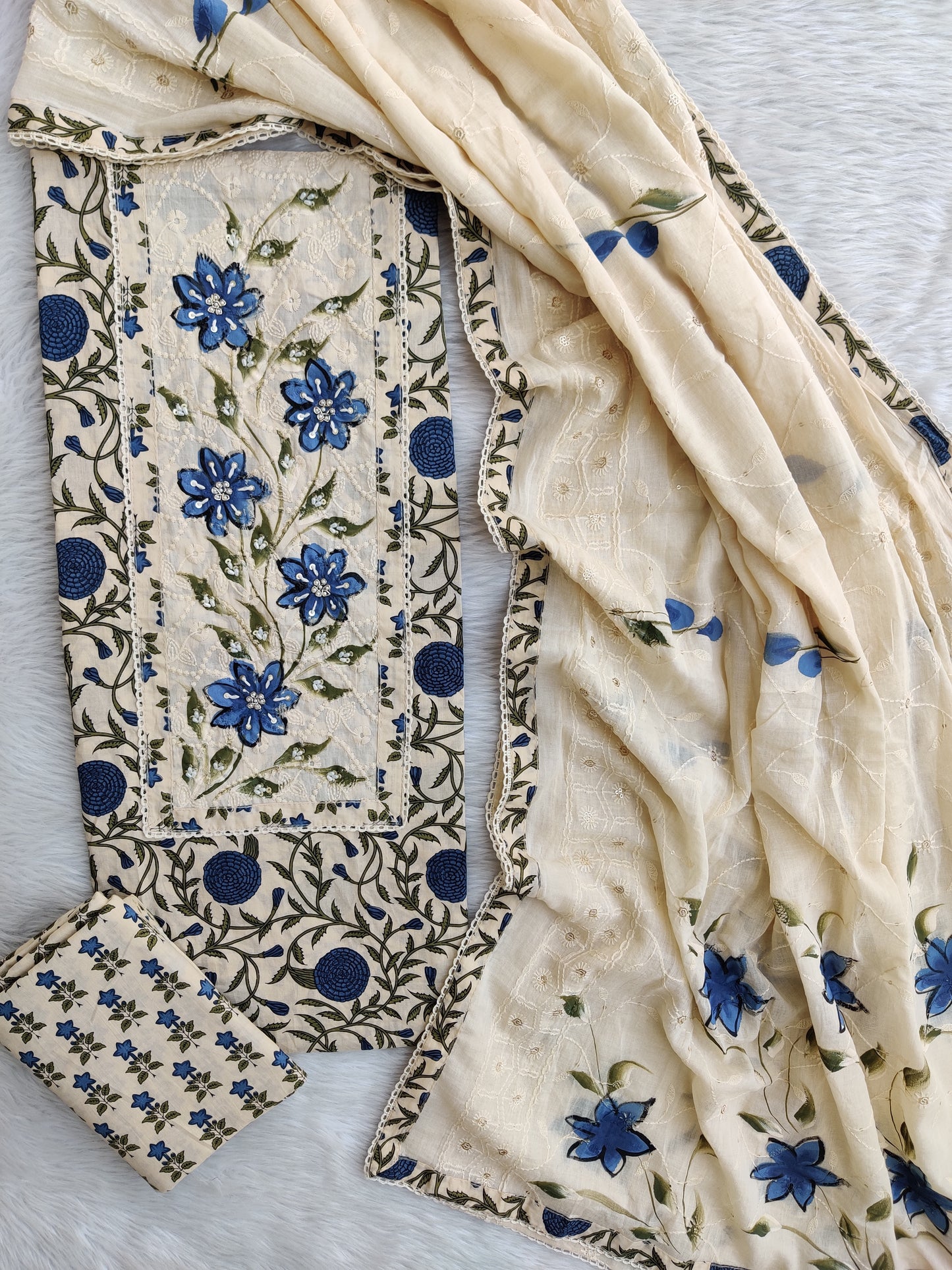 Exclusive Unstitched Cotton Neck Work Suits with Mulmul Embroidery Dupatta