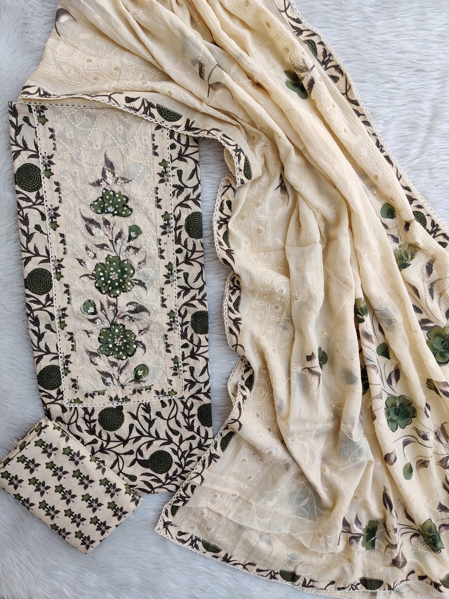 Exclusive Unstitched Cotton Neck Work Suits with Mulmul Embroidery Dupatta