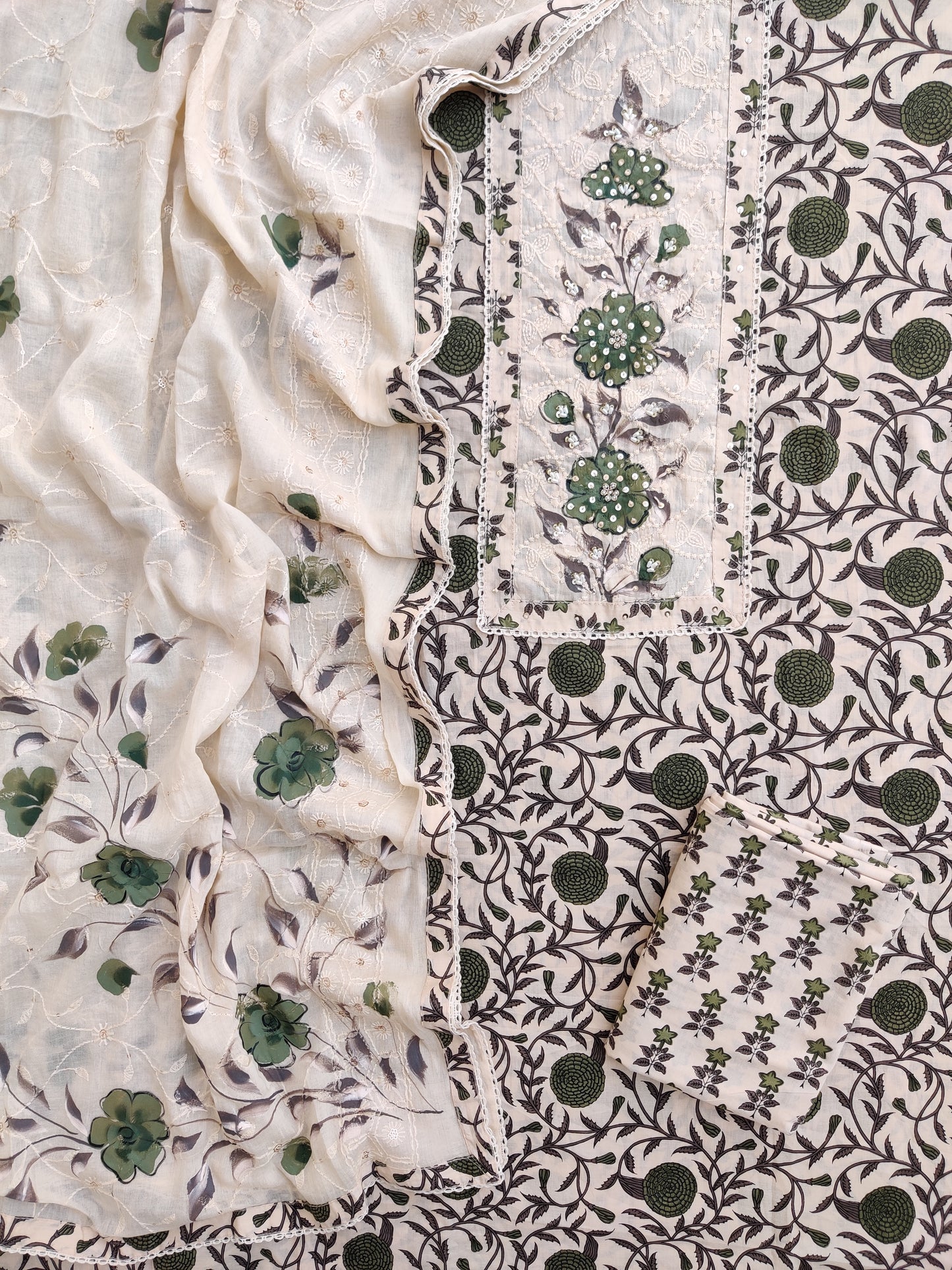 Exclusive Unstitched Cotton Neck Work Suits with Mulmul Embroidery Dupatta