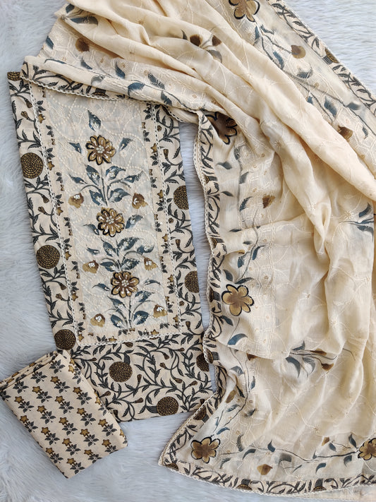 Exclusive Unstitched Cotton Neck Work Suits with Mulmul Embroidery Dupatta