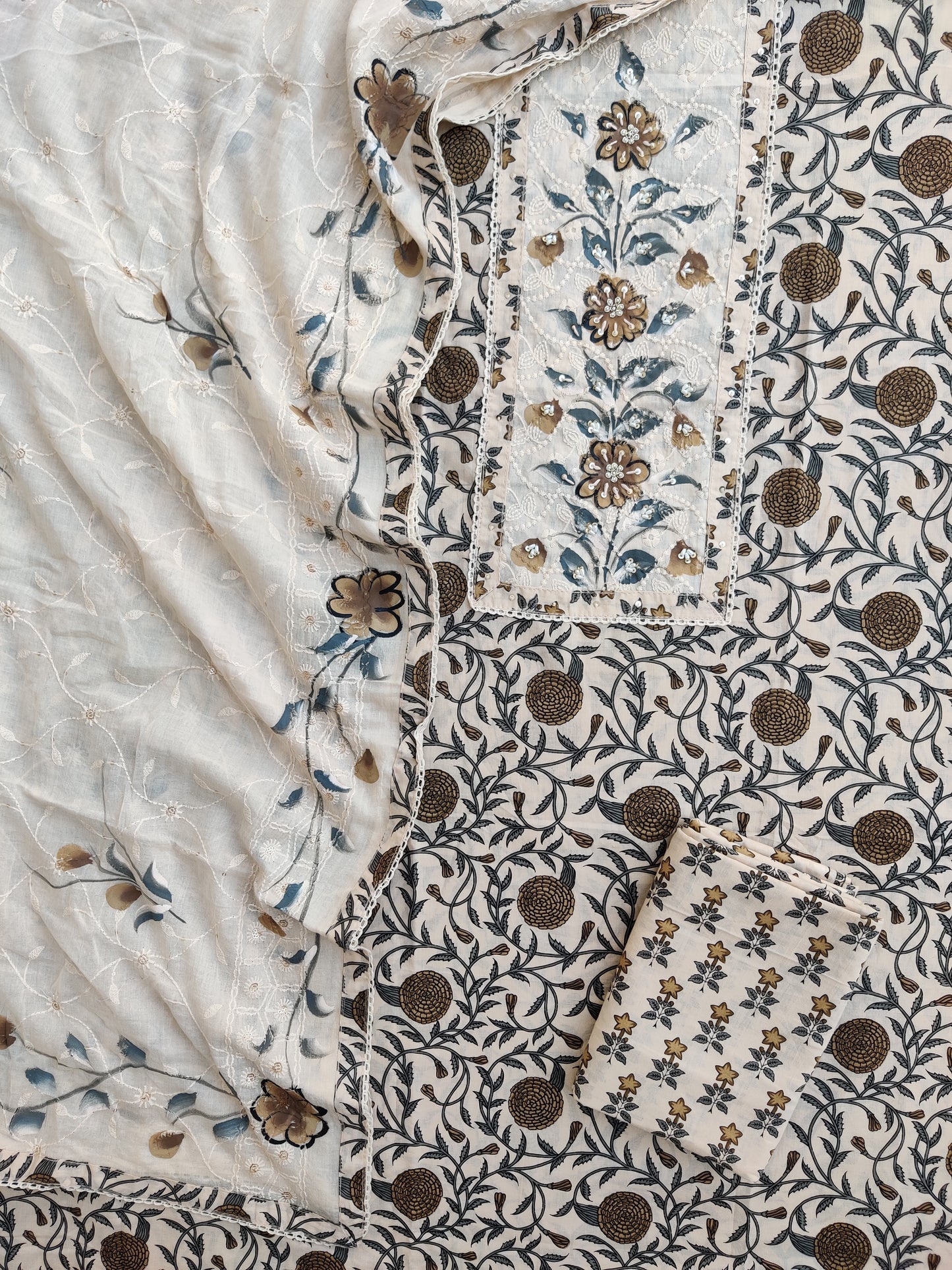 Exclusive Unstitched Cotton Neck Work Suits with Mulmul Embroidery Dupatta