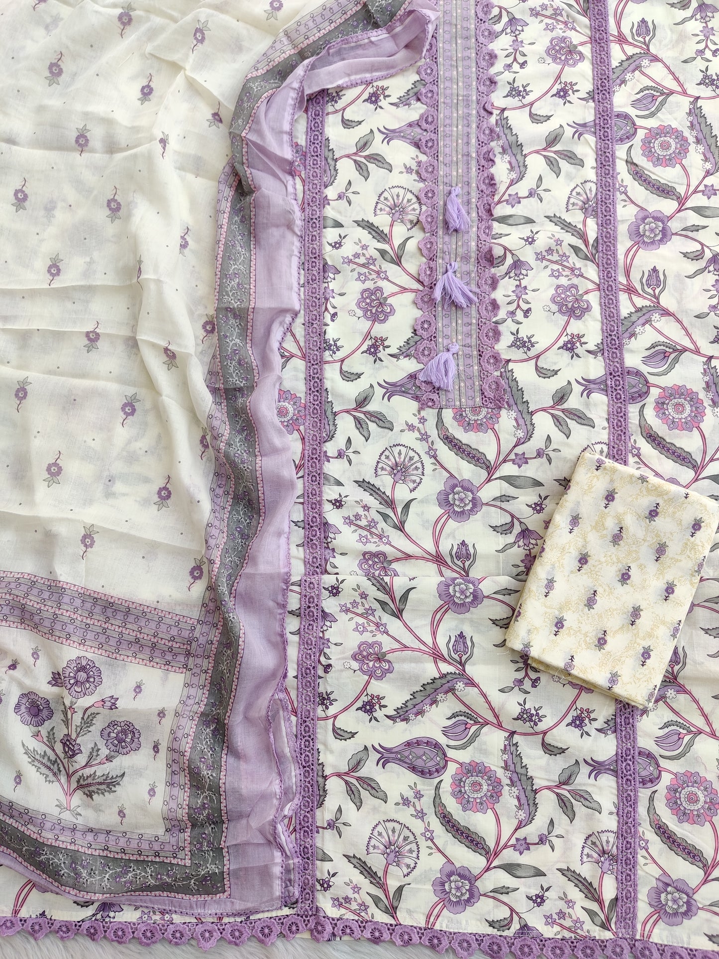 Exclusive Unstitched Cotton Neck Work Suits with Mulmul Dupatta