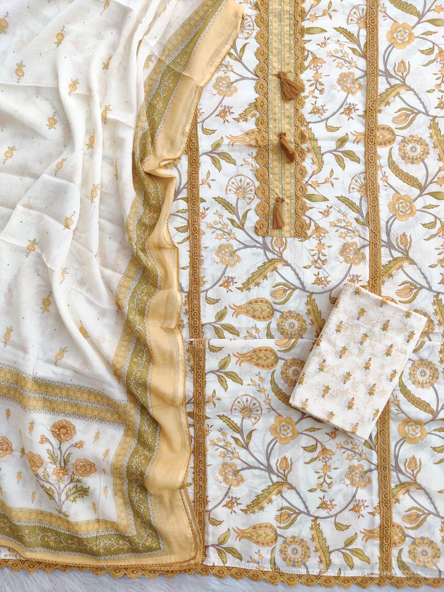 Exclusive Unstitched Cotton Neck Work Suits with Mulmul Dupatta