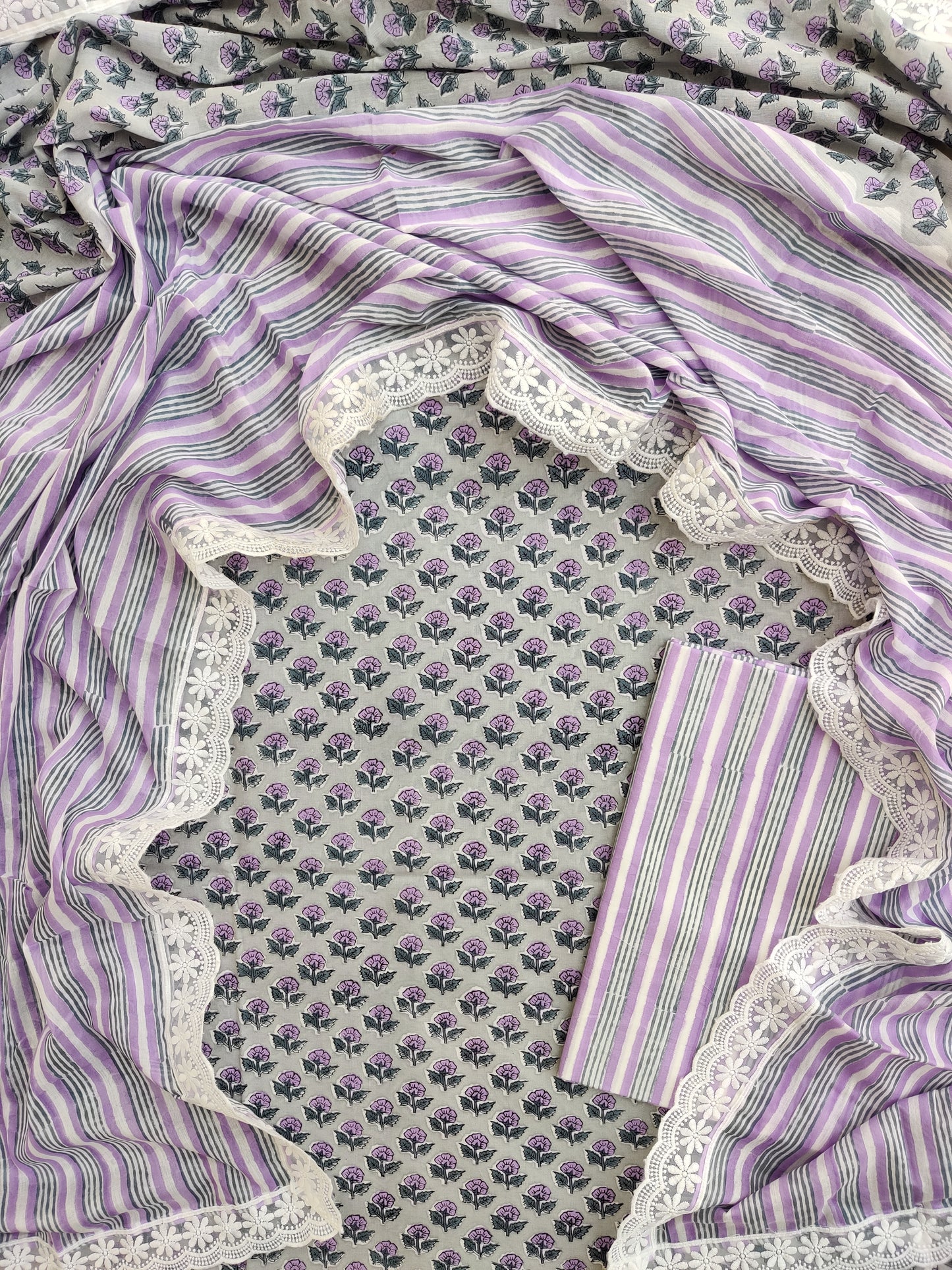 Hand Block Printed Cotton Suit With Lace Work Mulmul Dupatta