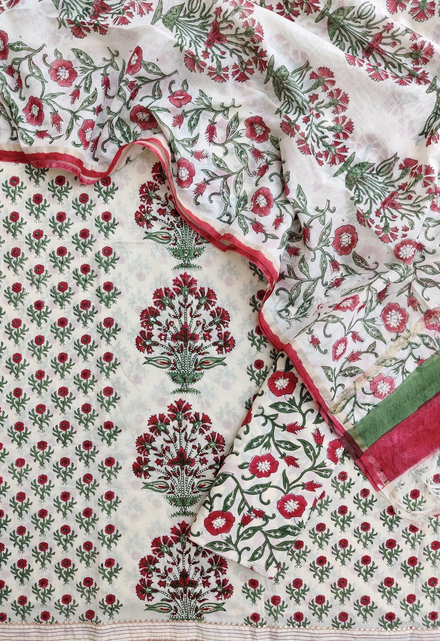 Hand Block Printed Cotton Suit with Mul Chanderi Dupatta