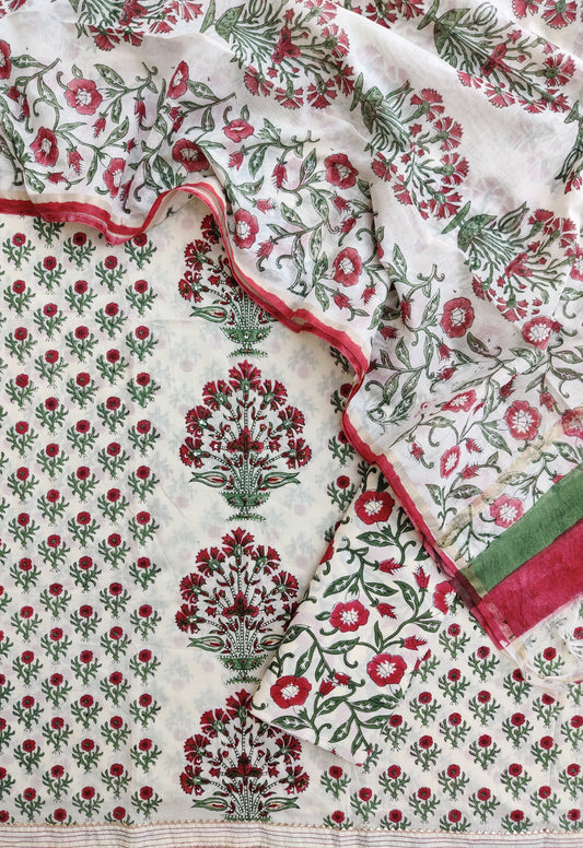 Hand Block Printed Cotton Suit with Mul Chanderi Dupatta