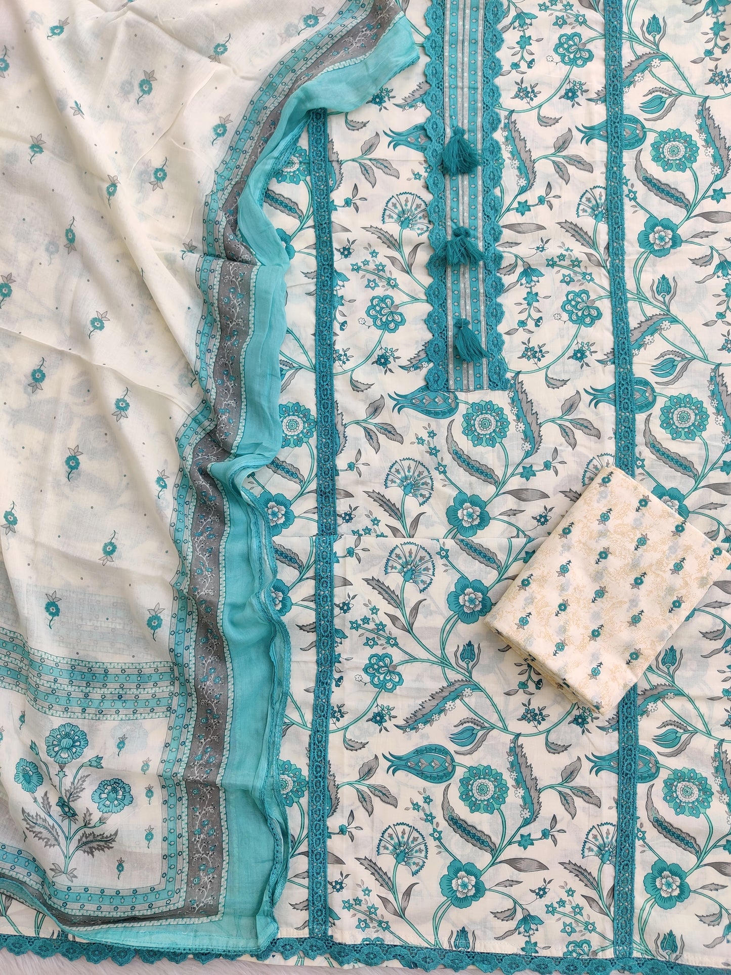 Exclusive Unstitched Cotton Neck Work Suits with Mulmul Dupatta
