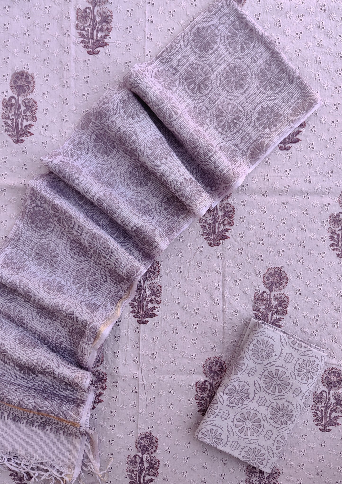 Hand Block Printed Cotton Schiffli Suit with Kota Doria Dupatta