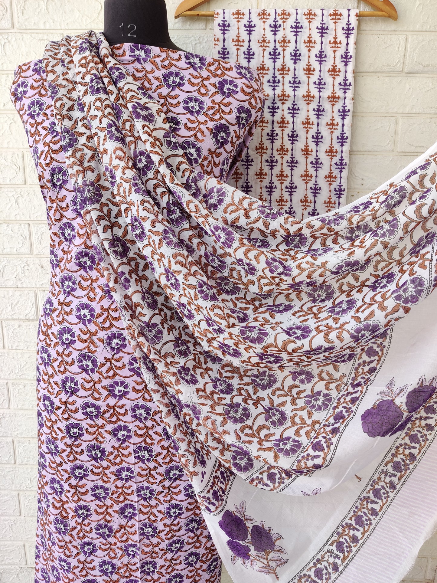 Hand Block Printed Cotton Suit With Mulmul Cotton Dupatta