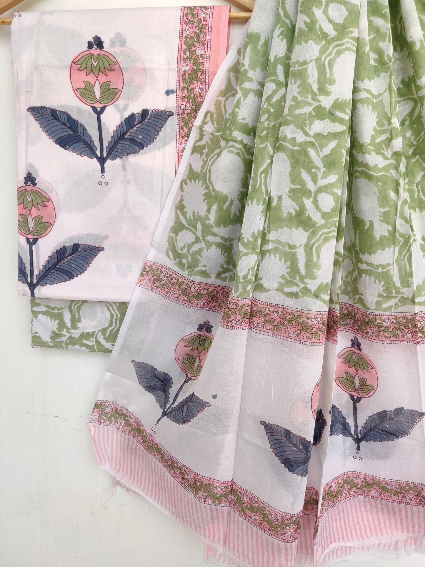 Hand Block Printed Cotton Suit With Mulmul Cotton Dupatta