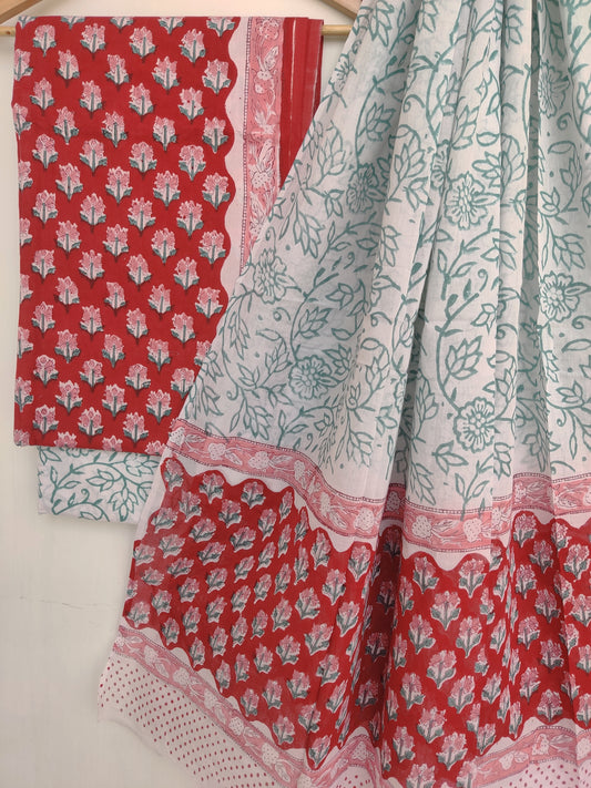 Hand Block Printed Cotton Suit With Mulmul Cotton Dupatta