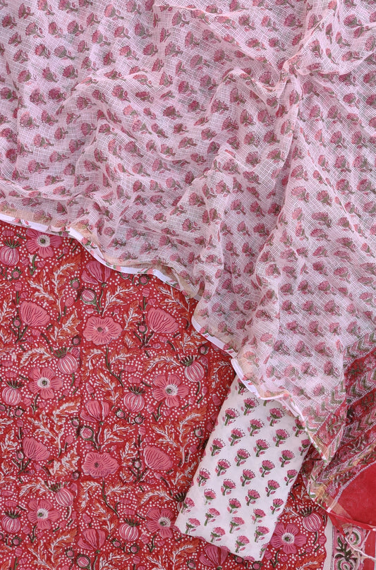 Hand Block Printed Cotton Suit with Cotton Kota Doria dupatta