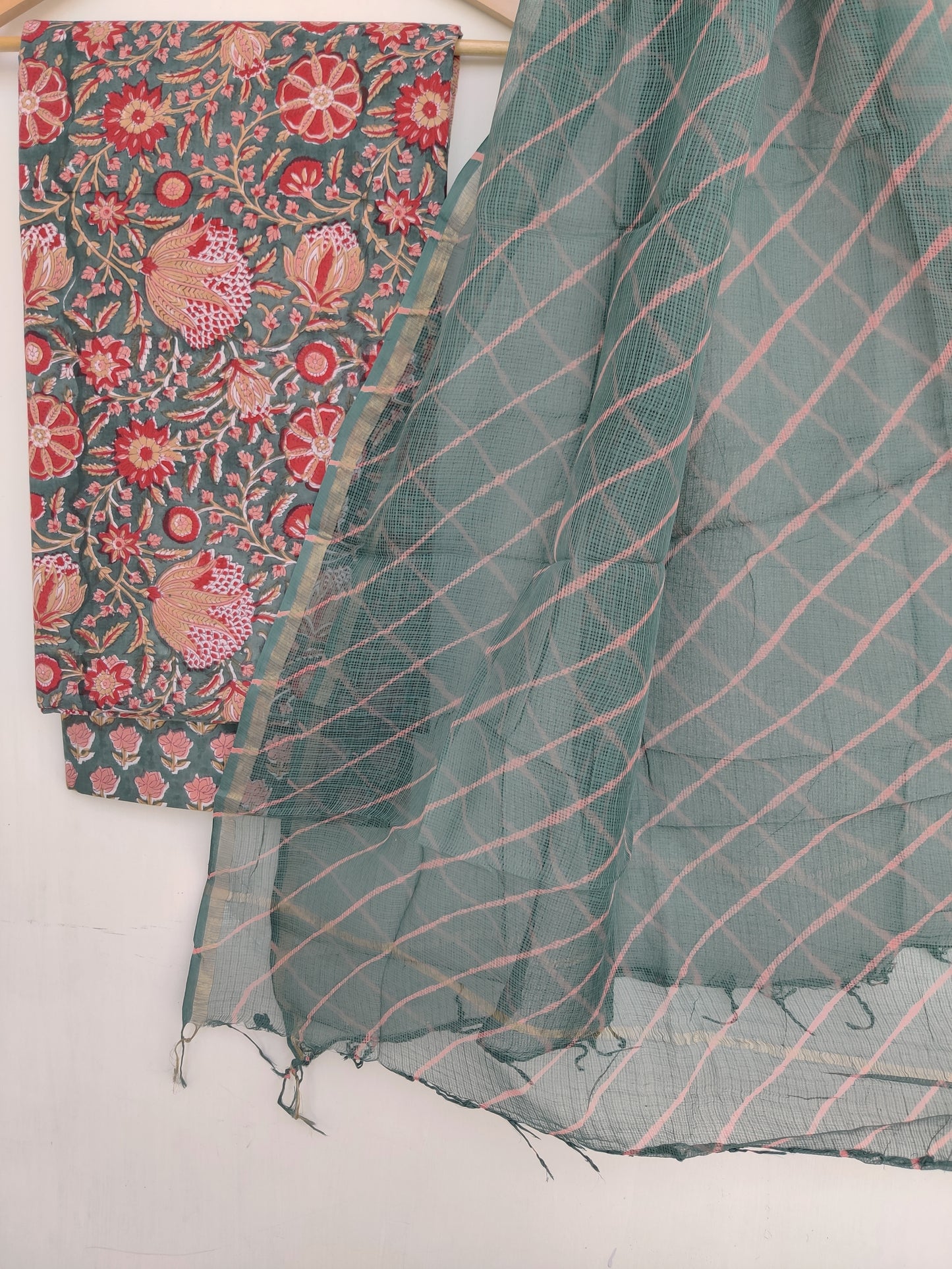 BLOCK PRINTED COTTON SUIT WITH LEHRIYA KOTA DORIA DUPATTA