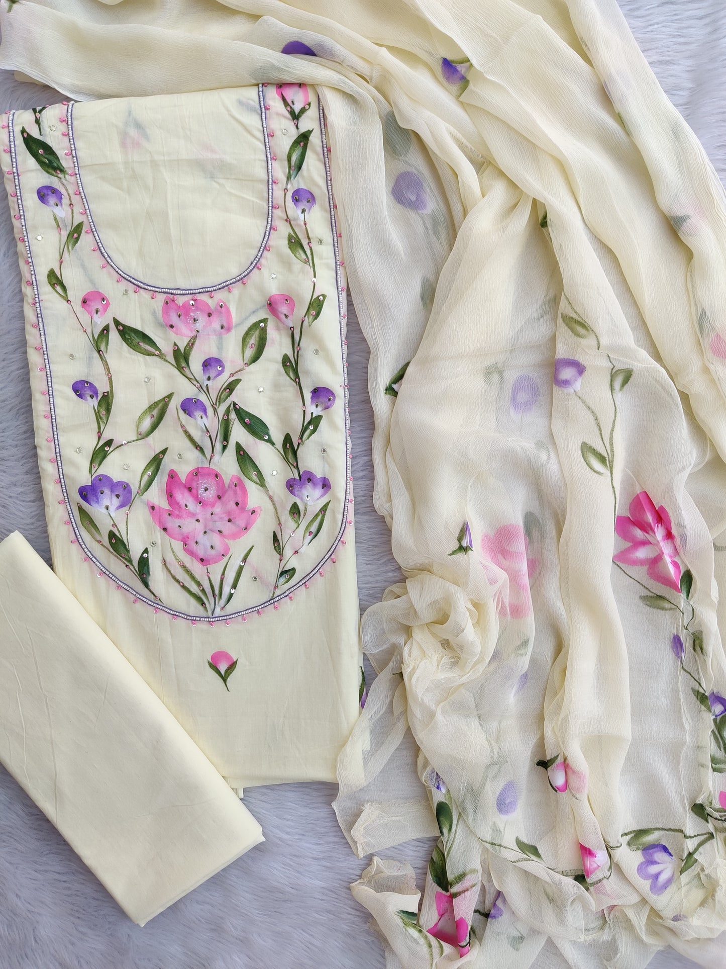 Exclusive Unstitched Cotton Neck Work Suits with Chiffon Dupatta