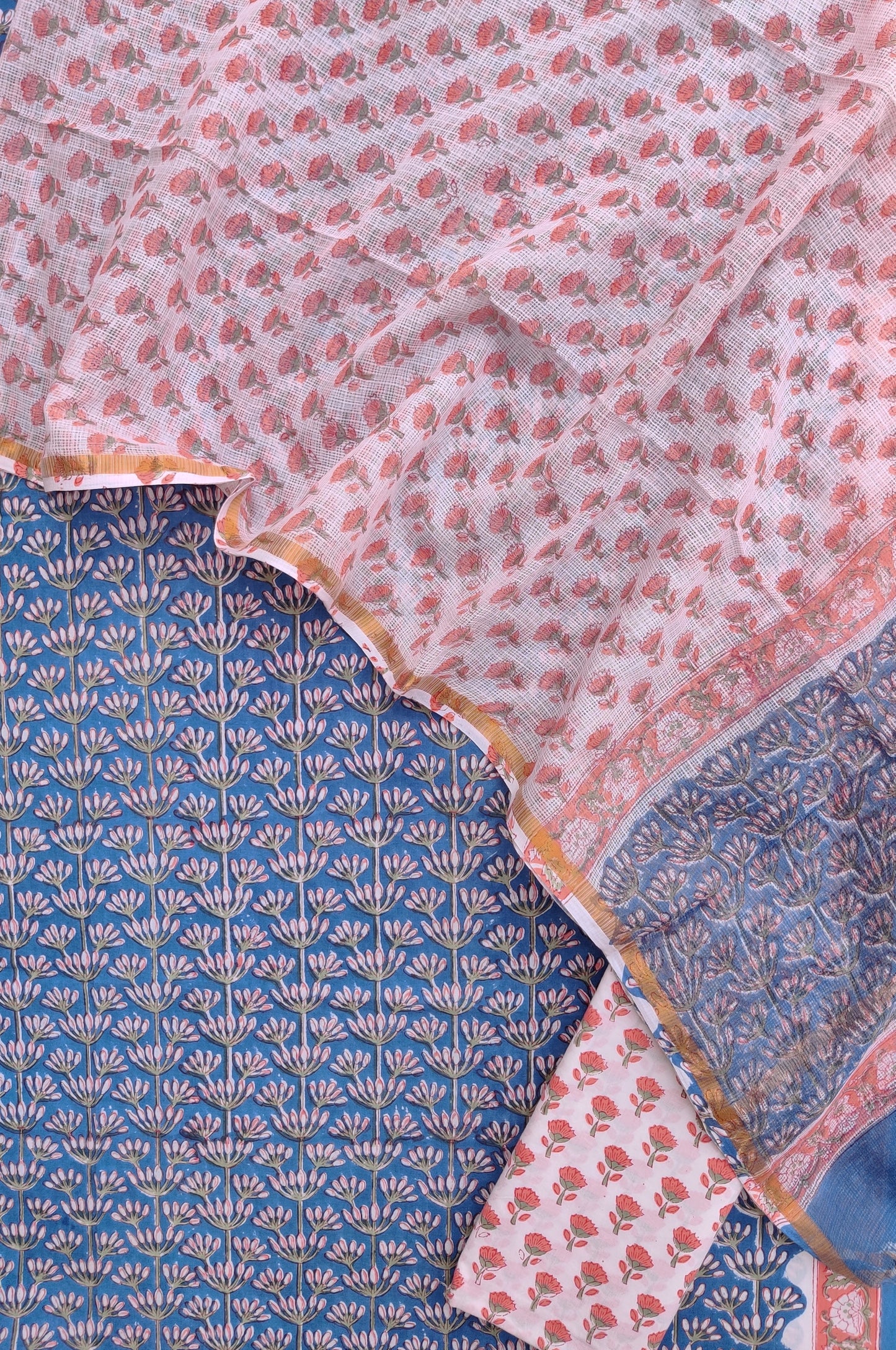(SALE) Hand Block Printed Cotton Suit with Cotton Kota Doria dupatta