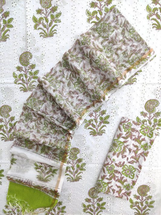 (SALE) Hand Block Printed Cotton Schiffli Suit with Kota Doria Dupatta