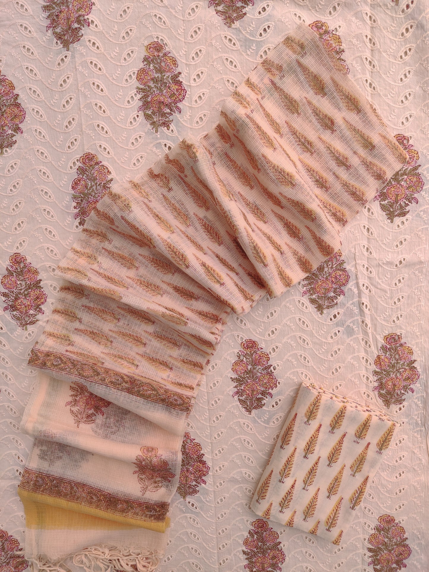 (SALE) Hand Block Printed Cotton Schiffli Suit with Kota Doria Dupatta