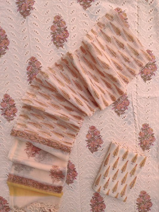 (SALE) Hand Block Printed Cotton Schiffli Suit with Kota Doria Dupatta