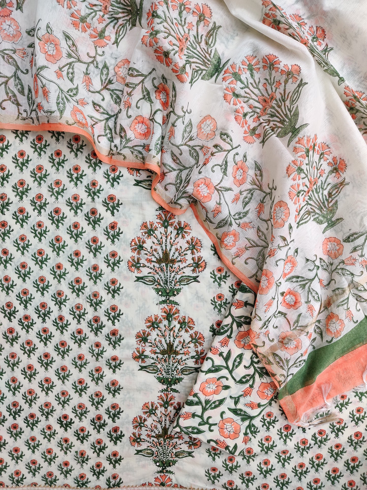 Hand Block Printed Cotton Suit with Mul Chanderi Dupatta