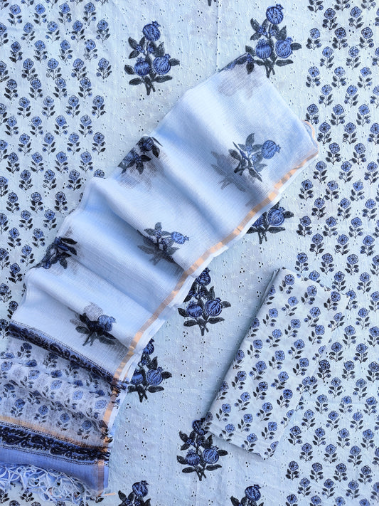 Hand Block Printed Cotton Schiffli Suit with Kota Doria Dupatta