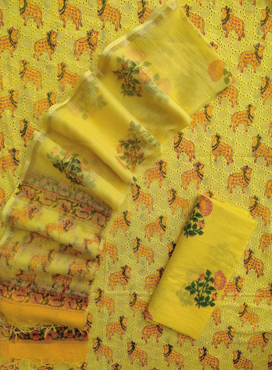 Hand Block Printed Cotton Schiffli Suit with Kota Doria Dupatta