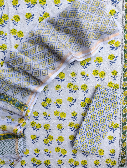 Hand Block Printed Cotton Schiffli Suit with Kota Doria Dupatta