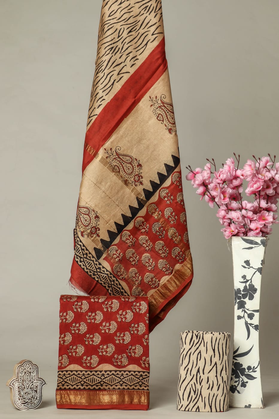 HAND BLOCK PRINTED MAHESHWARI SILK SUIT WITH MAHESHWARI SILK DUPATTA