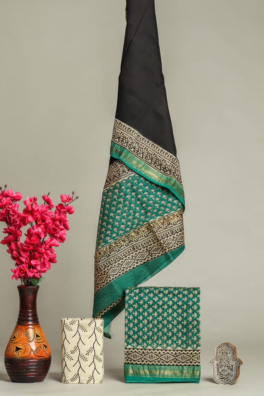 HAND BLOCK PRINTED MAHESHWARI SILK SUIT WITH MAHESHWARI SILK DUPATTA