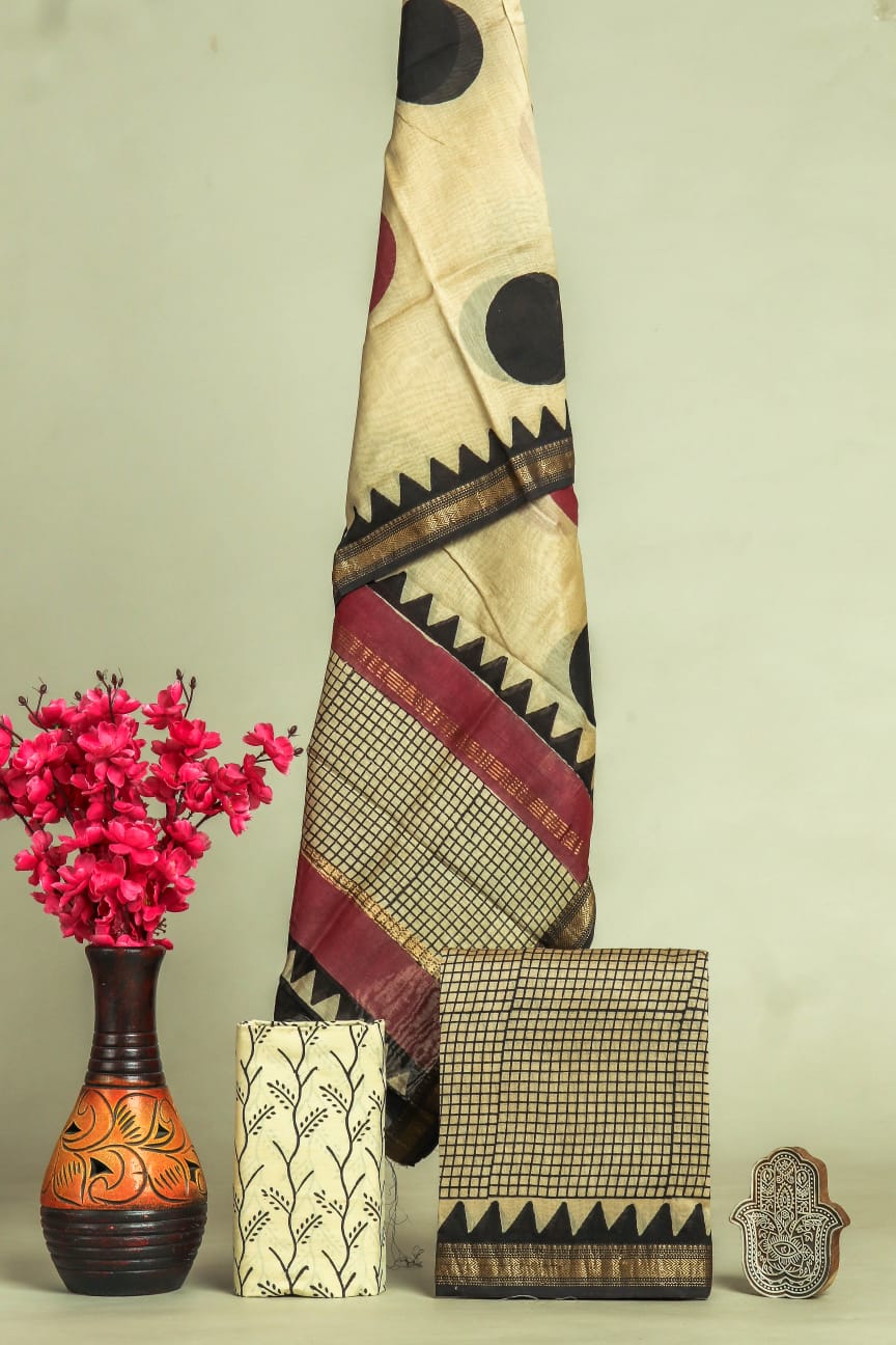 HAND BLOCK PRINTED MAHESHWARI SILK SUIT WITH MAHESHWARI SILK DUPATTA