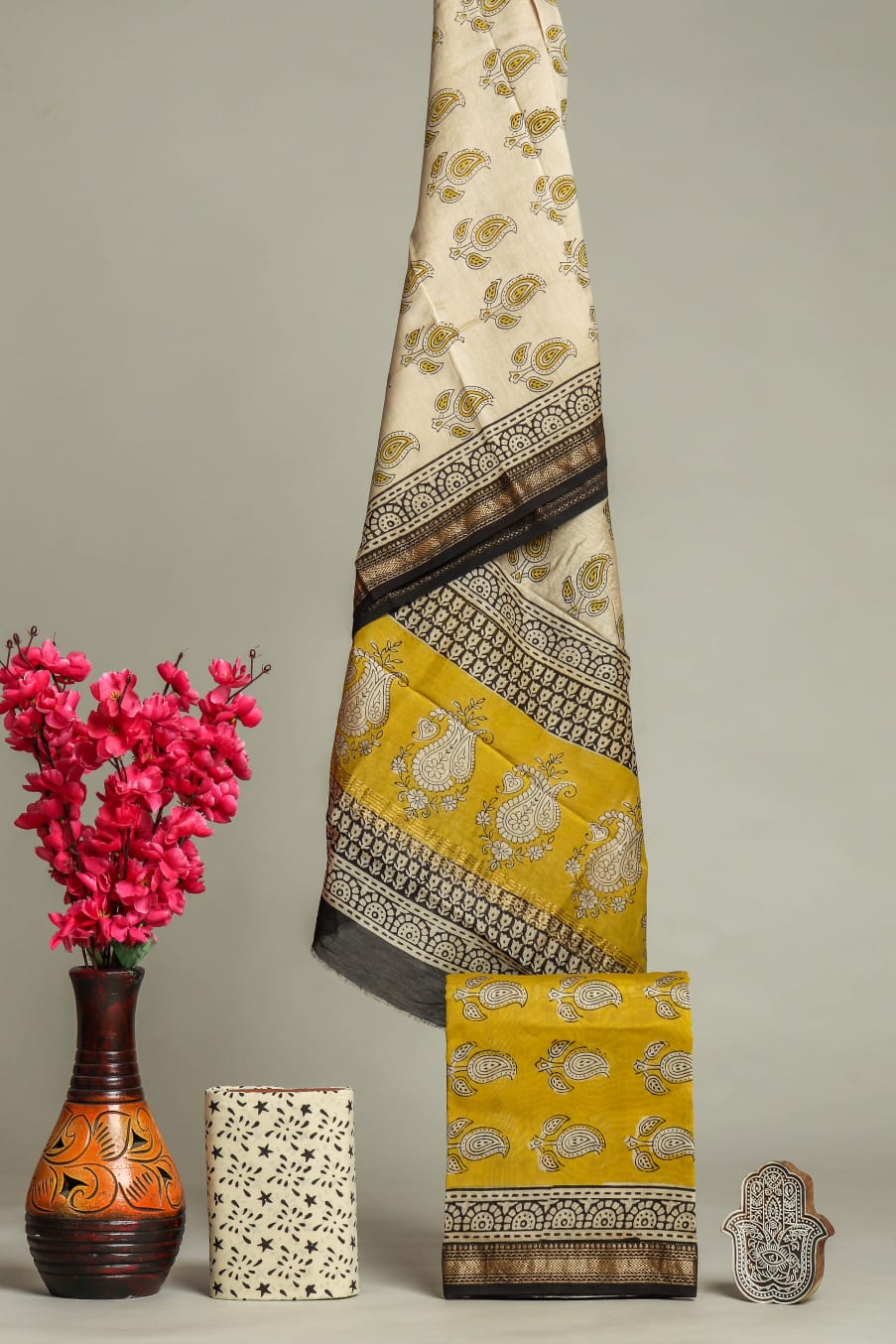 HAND BLOCK PRINTED MAHESHWARI SILK SUIT WITH MAHESHWARI SILK DUPATTA