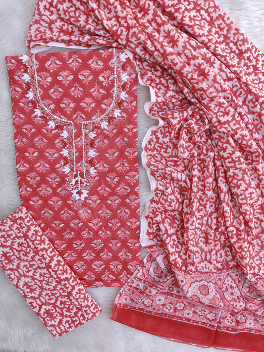 FLORAL PRINTED COTTON GOTA PATTI SUIT WITH COTTON DUPATTA