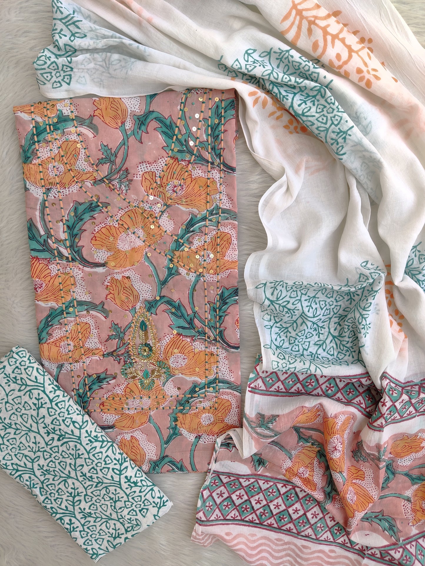 FLORAL PRINTED COTTON GOTA PATTI SUIT WITH COTTON DUPATTA