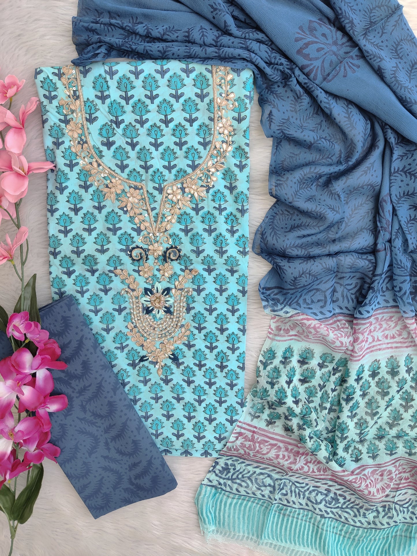 FLORAL PRINTED COTTON GOTA PATTI SUIT WITH CHIFFON DUPATTA