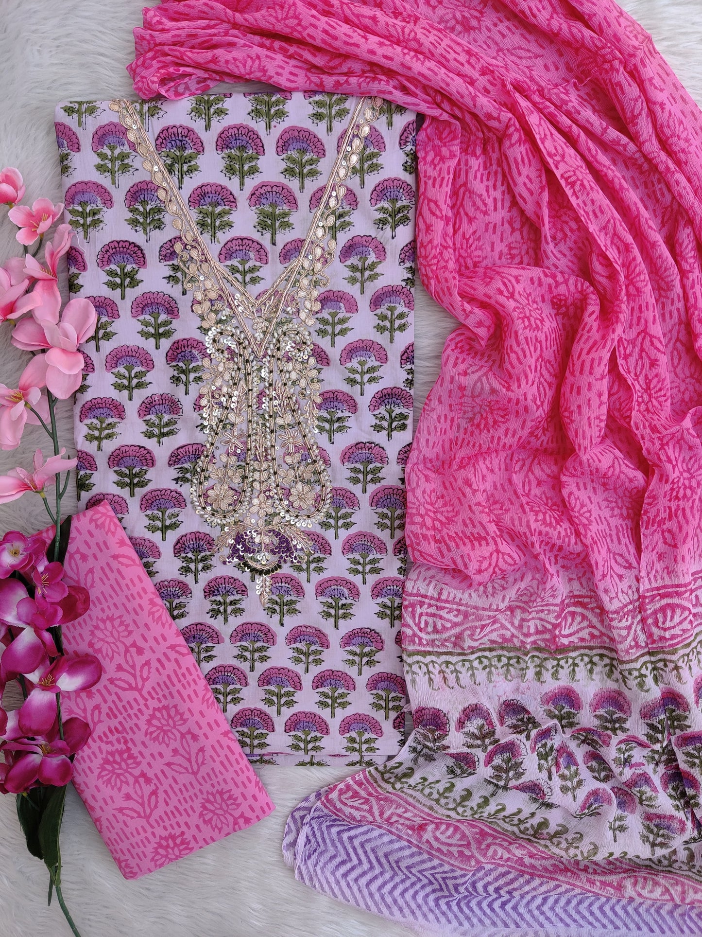 FLORAL PRINTED COTTON GOTA PATTI SUIT WITH CHIFFON DUPATTA