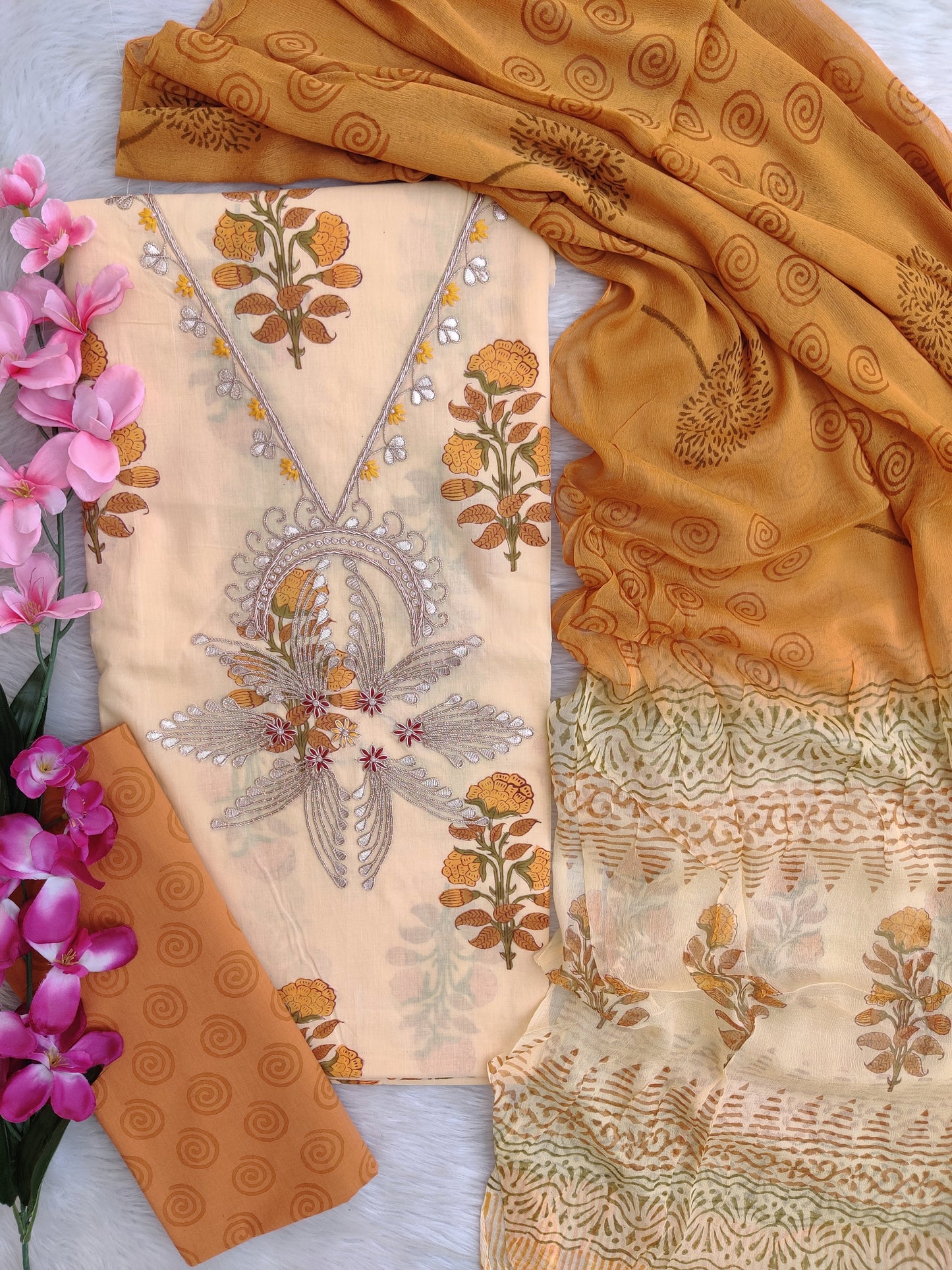 FLORAL PRINTED COTTON GOTA PATTI SUIT WITH CHIFFON DUPATTA