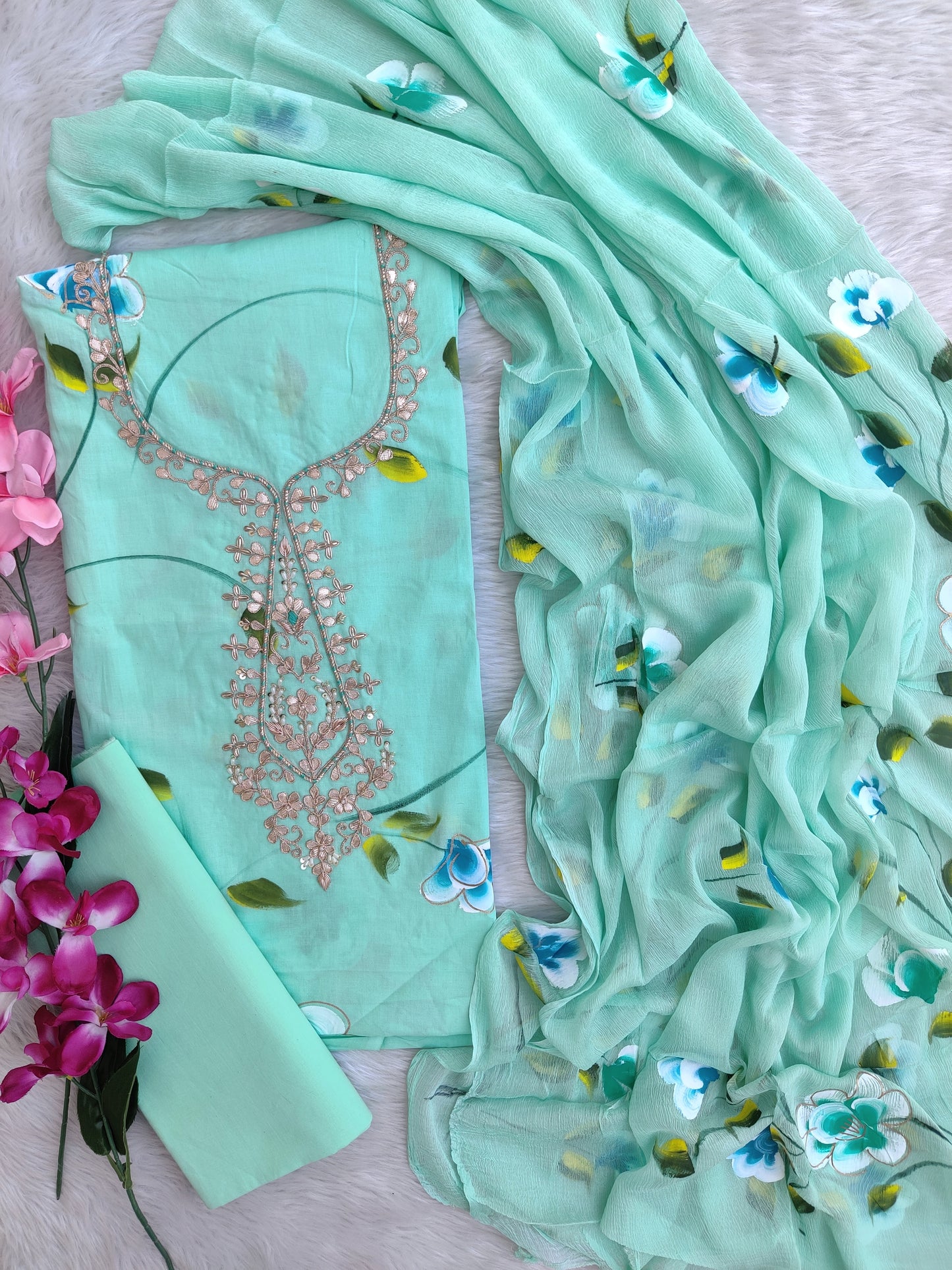 FLORAL PRINTED COTTON GOTA PATTI SUIT WITH CHIFFON DUPATTA