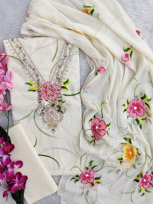 FLORAL PRINTED COTTON GOTA PATTI SUIT WITH CHIFFON DUPATTA