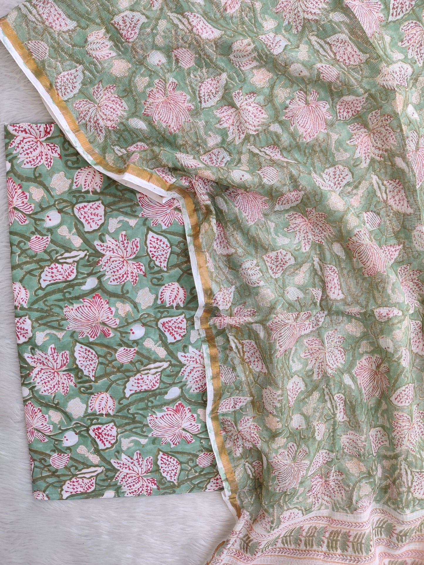 (All over) Hand Block Printed Cotton Suit with Cotton Kota Doria dupatta