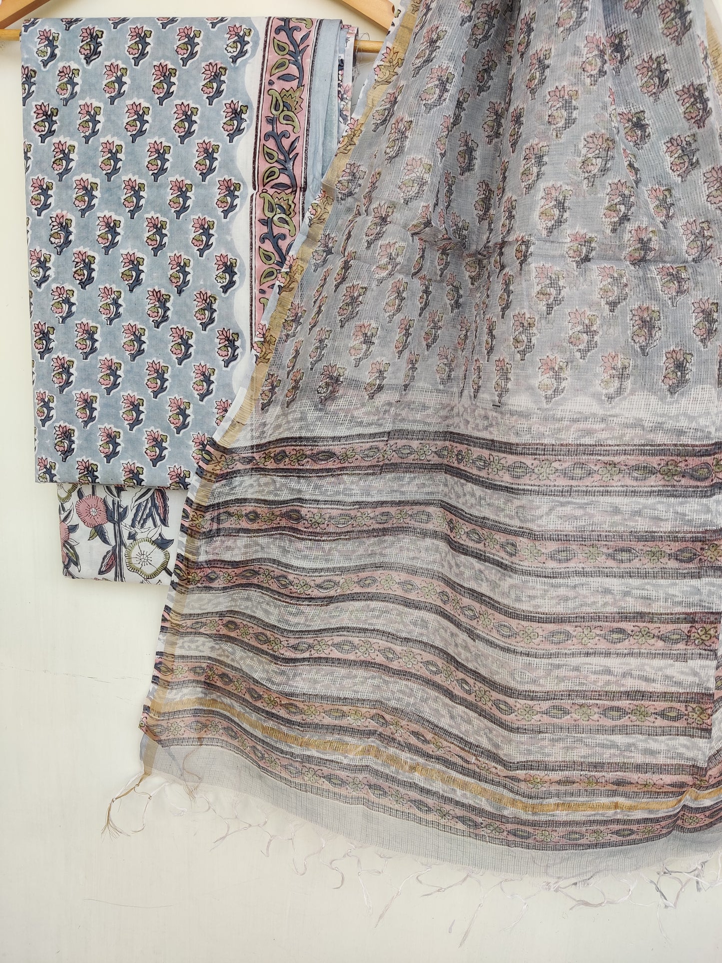 (SALE) Hand Block Printed Cotton Suit with Cotton Kota Doria dupatta