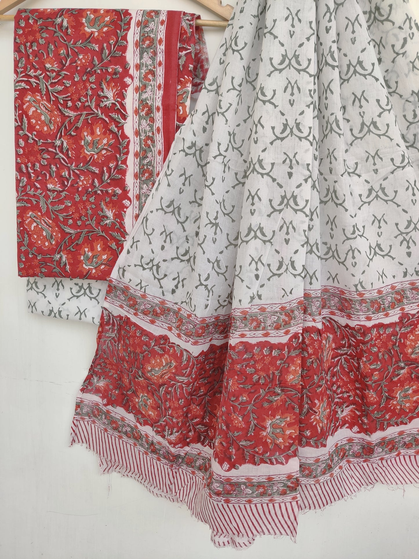 (SALE)  Hand Block Printed Unstitched Cotton Suit with Mulmul Dupatta