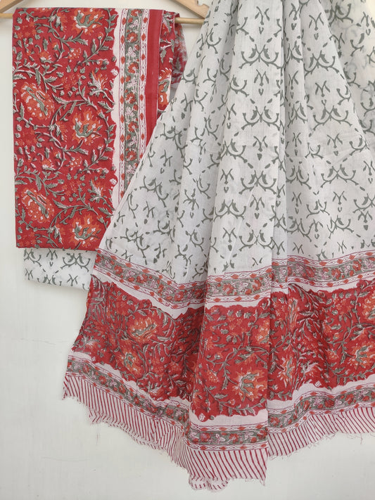 (SALE)  Hand Block Printed Unstitched Cotton Suit with Mulmul Dupatta