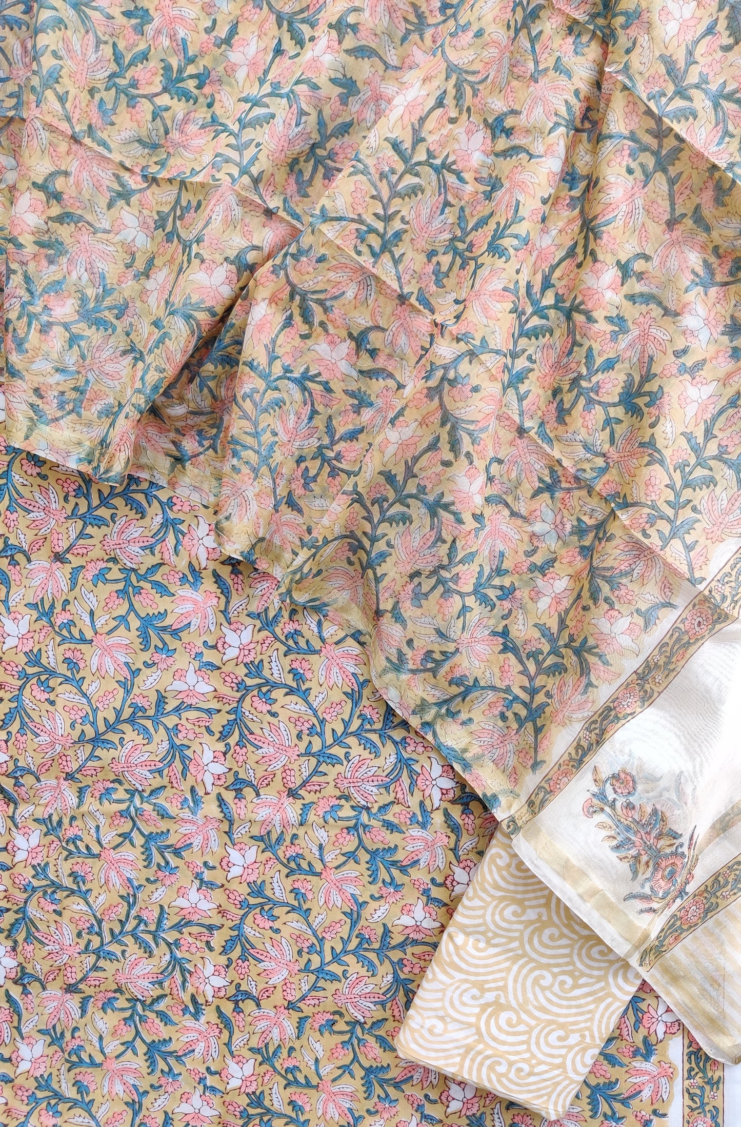 (SALE) Hand Block Printed Cotton Suit with Chanderi Dupatta