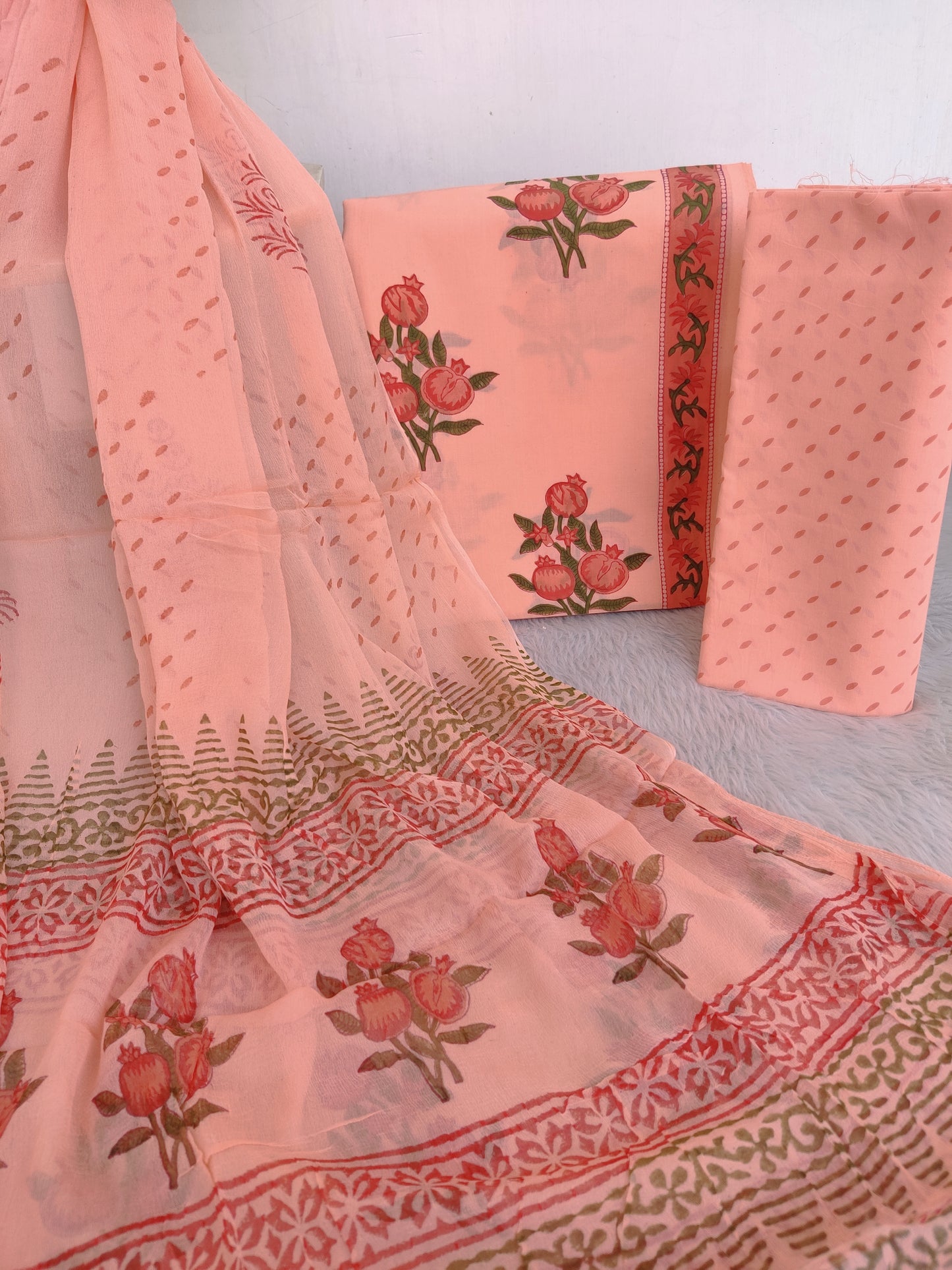 HAND BLOCK PRINTED COTTON SUIT WITH PURE CHIFFON DUPATTA