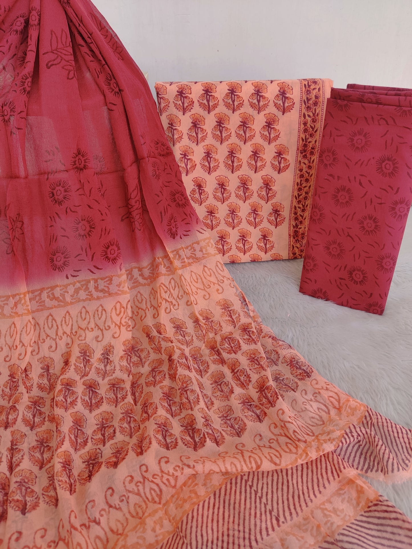 HAND BLOCK PRINTED COTTON SUIT WITH PURE CHIFFON DUPATTA