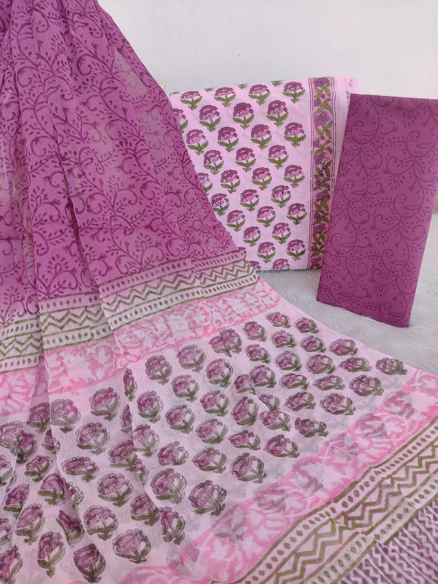 HAND BLOCK PRINTED COTTON SUIT WITH PURE CHIFFON DUPATTA