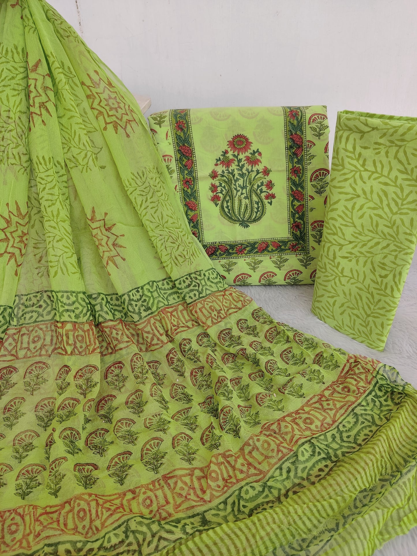 HAND BLOCK PRINTED COTTON SUIT WITH PURE CHIFFON DUPATTA