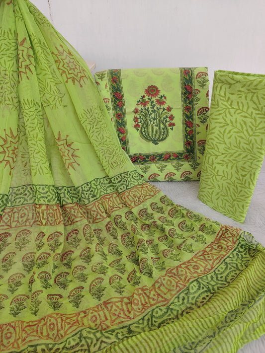 HAND BLOCK PRINTED COTTON SUIT WITH PURE CHIFFON DUPATTA