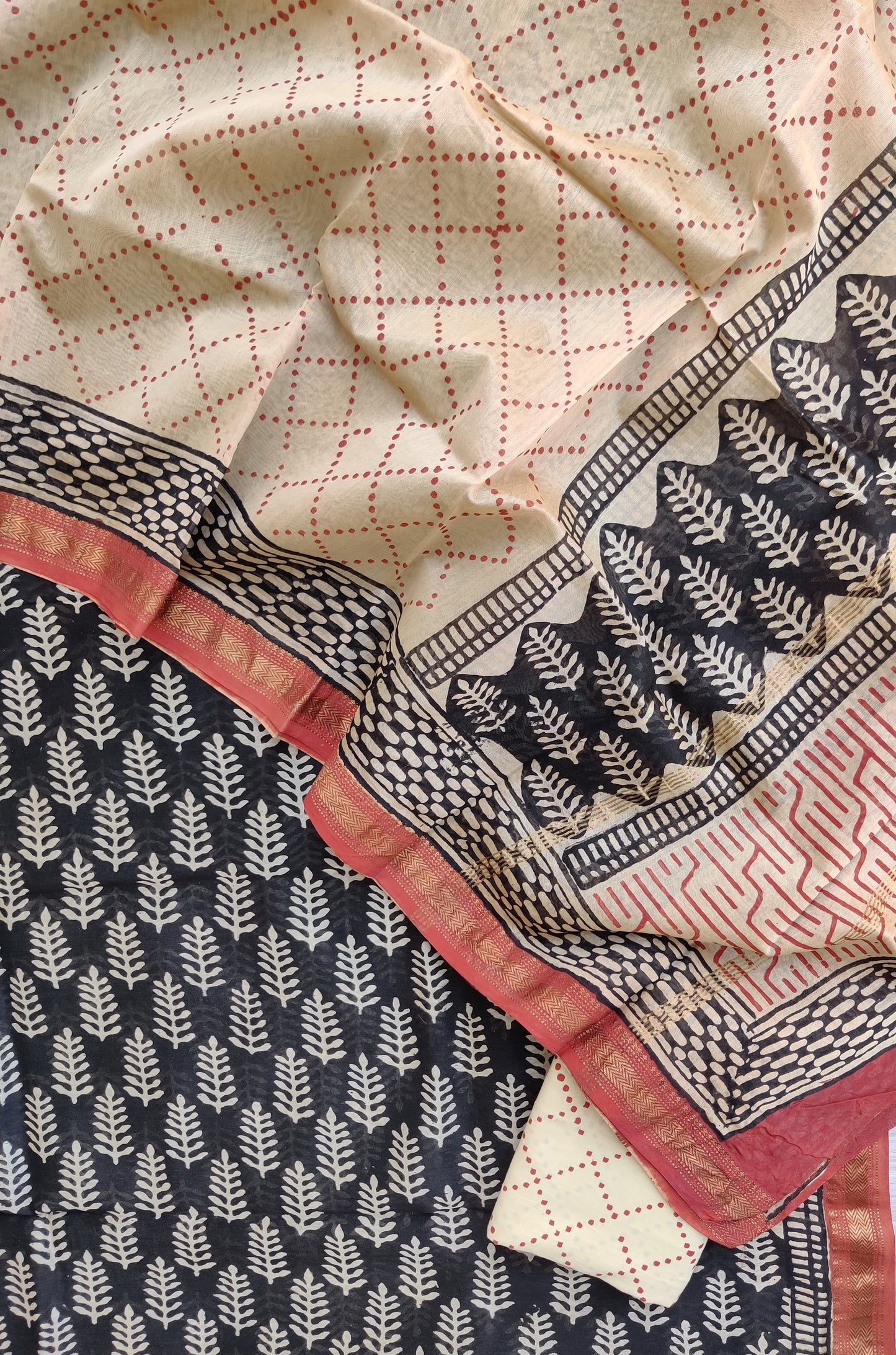 (SALE) HAND BLOCK PRINTED MAHESHWARI SILK SUIT WITH MAHESHWARI SILK DUPATTA